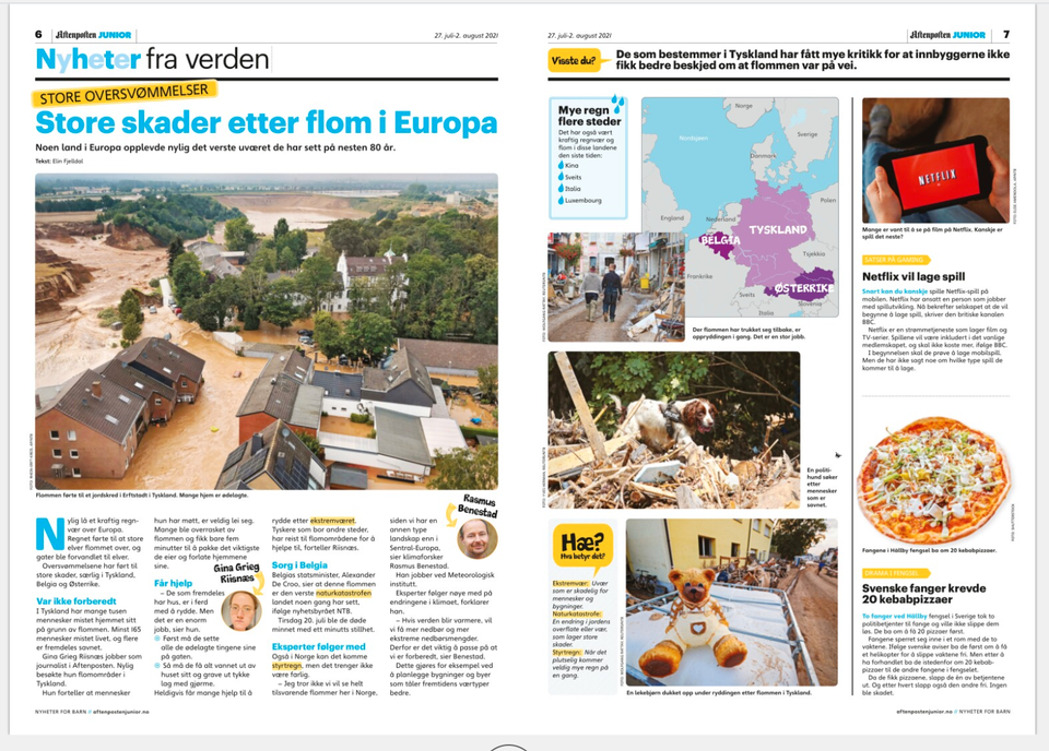 En dobbel avisside med tittelen Store skader etter flom i Europa og bilder av byer som er hardt rammet av oversvømmelse. 