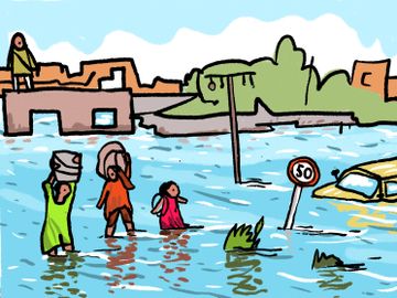 En tegning viser to voksne og et barn som står i knedypt flomvann og en person som står oppå et hustak.