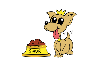 En tegneserieversjon av hunden Saur, som er lysebrun, med en krone på hodet og tungen ut av munnen foran en matskål i gull