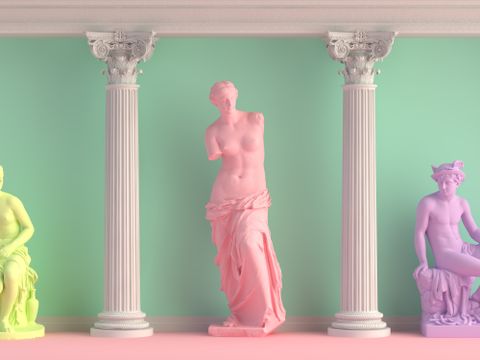 En animasjon viser tre skulpturer mellom gamle, romersk søyler, der den midterste skulpturen er rosa og viser en kvinne med et slags drapert skjørt, nakne bryster og hode, men ikke armer. 