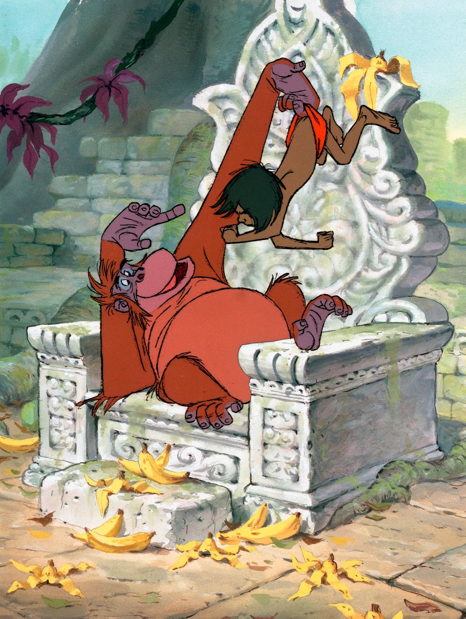 Et bilde fra tegnefilmen Jungelboken, hvor en oransje apekatt med lange armer ligger i en stenstol og løfter en liten gutt opp etter den røde trusa.