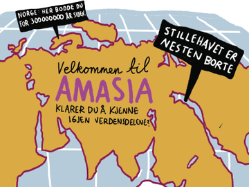 En stor illustrasjon viser hvordan kontinentalplatene skyver seg mot hverandre og danner et nytt kontinent som heter Amasia.