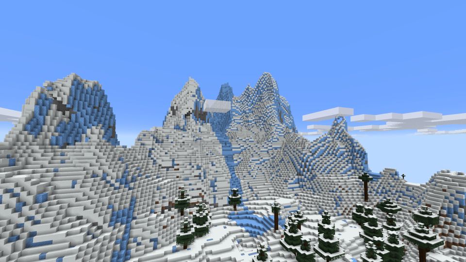 Fra spillet Minecraft er det et bilde av høye fjell og land med snø og trær på.