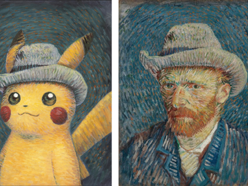 To malerier ved siden av hverandre i samme stil, en av Pikachu og en av en mann med rødt skjegg, med samme grå hatt