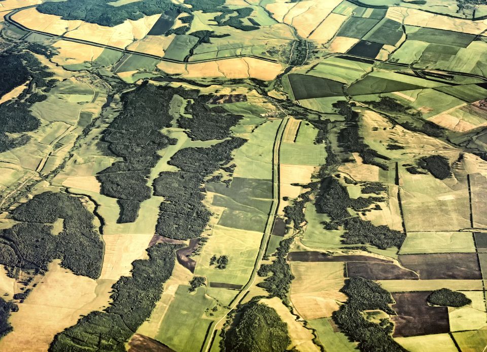 Et bilde tatt fra himmelen viser et stort jordbruksområde med mange felter i forskjellige grønne og gule toner.
