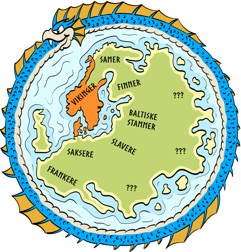 En illustrert versjon av kartet over Europa fra vikingenes tid, der vikingene holder til i sør-Norge og sør-Sverige og Danmark.