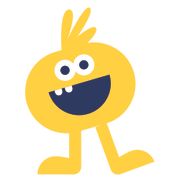 En gul, rundt maskot uten armer og med et stort smil står på en hvit bakgrunn.
