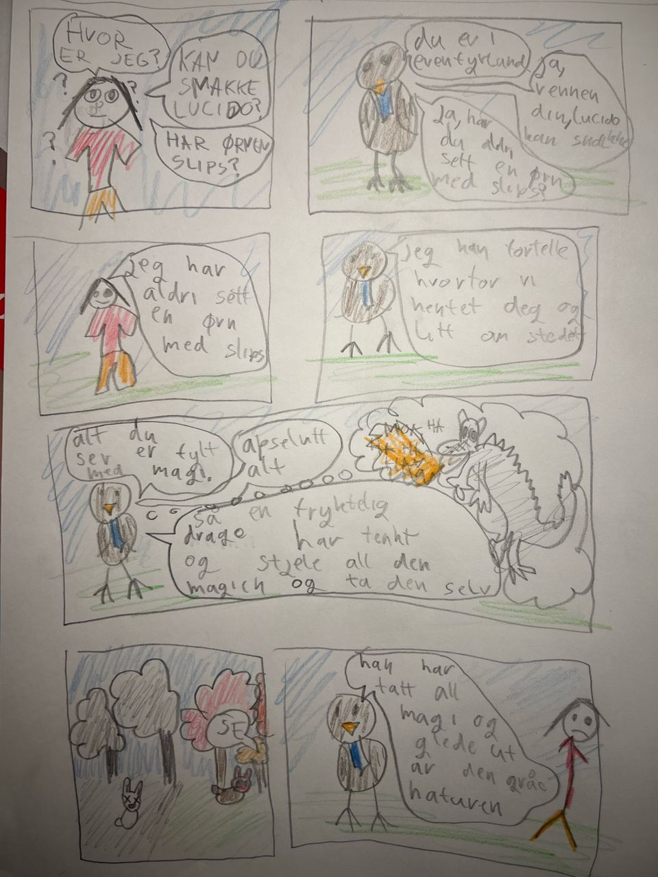 En tegneserie som er tegnet av et barn, i rutene ser man at jenta og hunden har kommet til et eventyrland og dte er en ørn med slips som snakker til dem.
