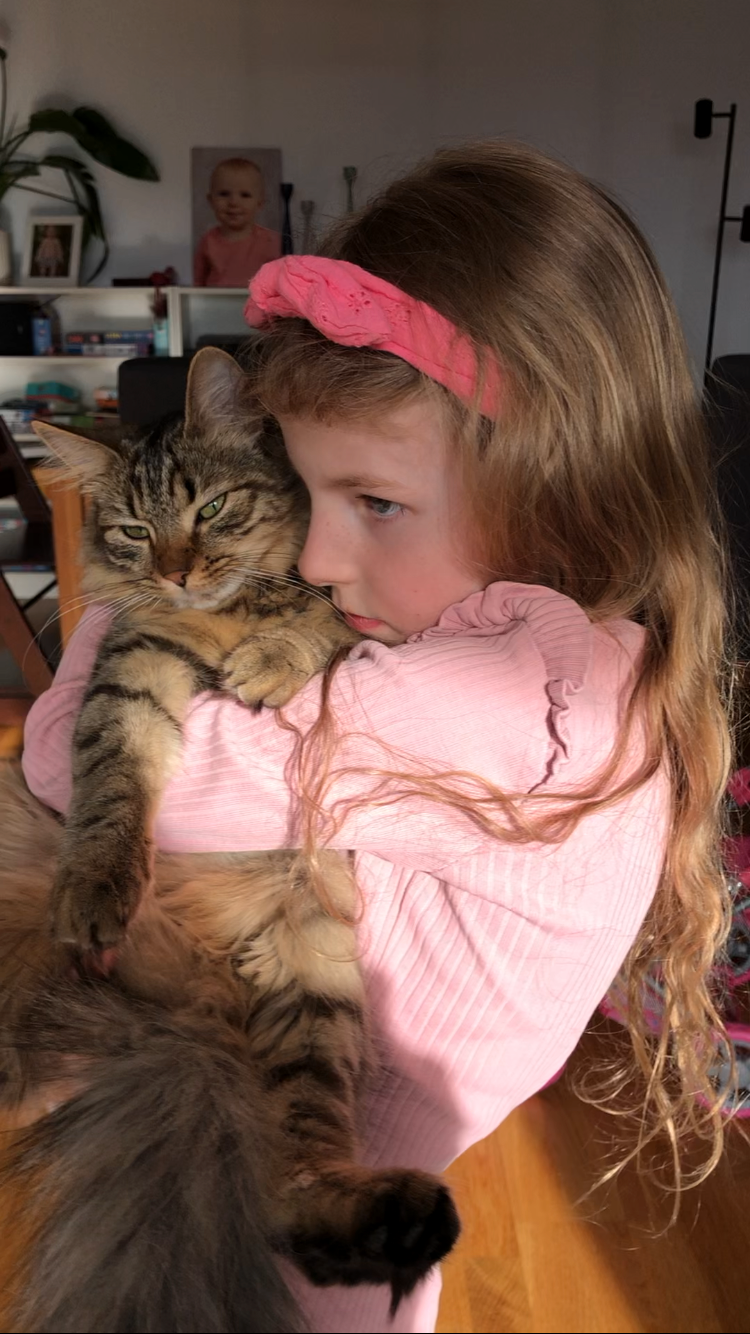 En jente med langt, brunt hår og en rosa bøyle i håret gir en stor klem til en katt som er brun med striper.