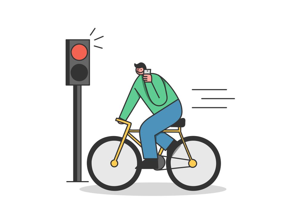 Illustrert tegning av en mann som sykler på rødt lys, uten hjelm, mens han snakker i mobilen.