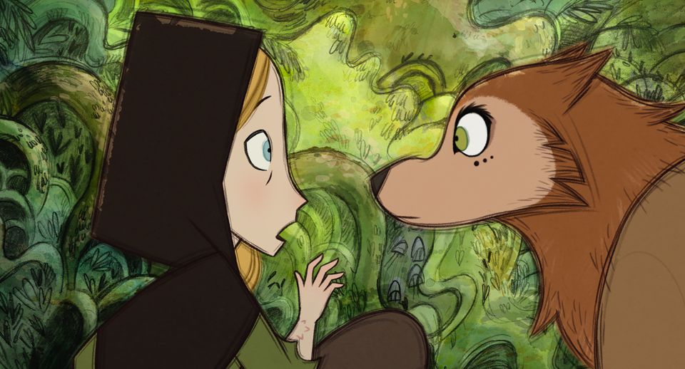 Blond jente med svart hette står nervøs foran en brun ulv med store, grønne øyne. Tegneserieformat fra filmen Ulvevandrerne.