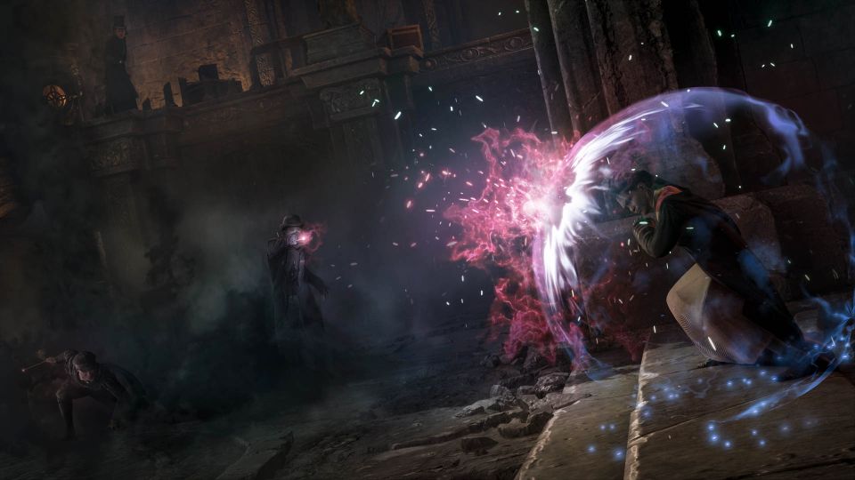 Bilde fra et spill hvor det er en kamp mellom to trollmenn og den ene er beskyttet inni en lysende kule. 