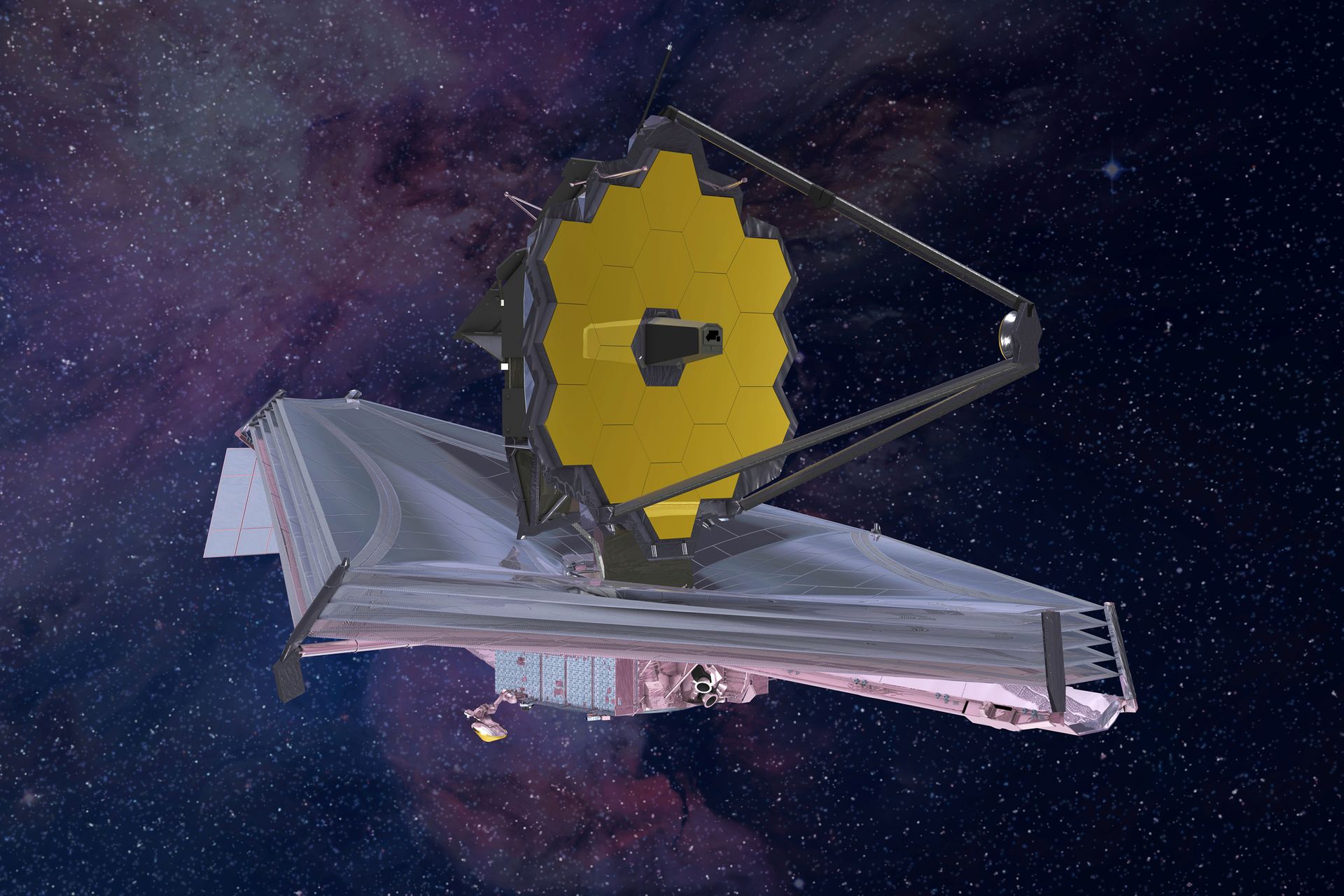 Romteleskopet ser litt ut som et romskip. Det gule speilet på toppen av teleskopet ser ut som en slags parabol-antenne
