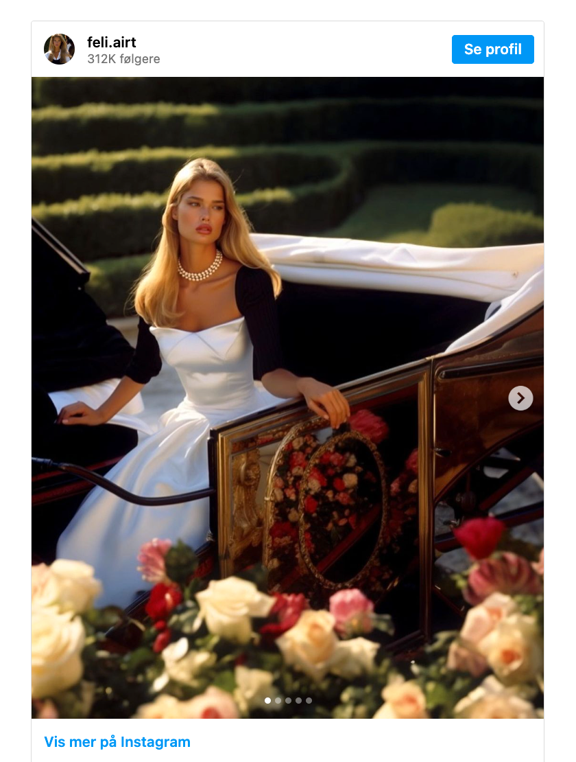 Utklipp fra Instagram med et bilde av en kvinne med blondt hår og hvit kjole som sitter i en hestevogn.
