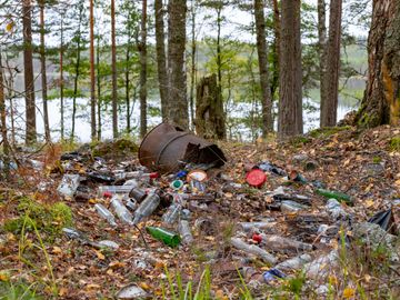 En rusten tønne og et tialls plast- og glassflasker ligger strødd i en skog ved en innsjø.