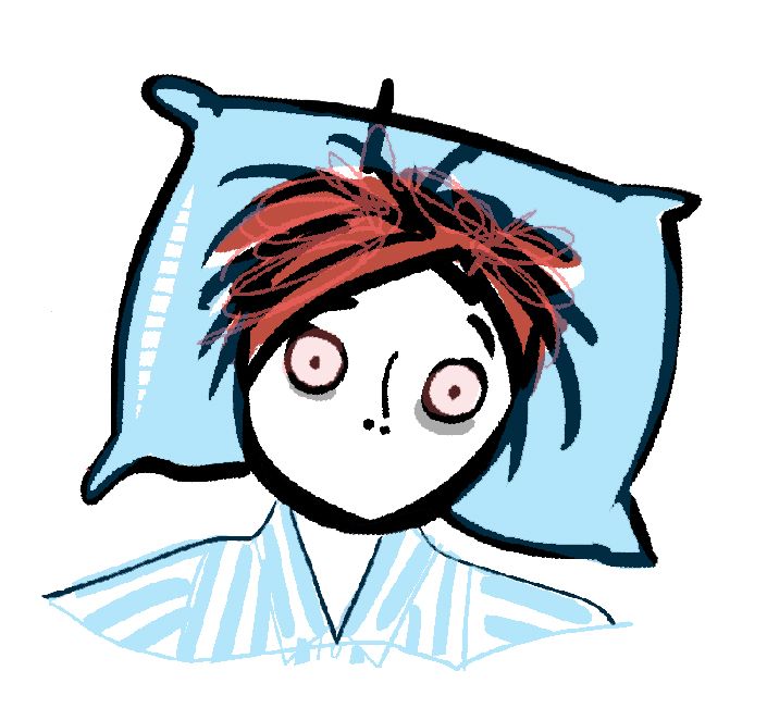 Tegning av en person med rødt hår som ligger på en hodepute, med vide, oppsperrede øyne.