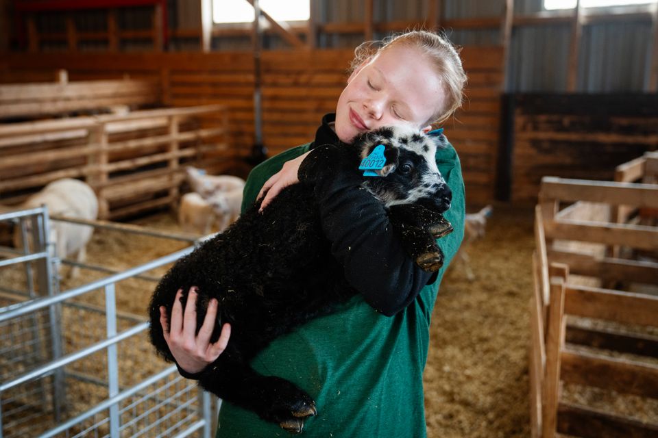 Mathilde, en jente med blondt hår i hestehale, grønn t-skjorte, holder et sort lam i armene mens hun legger hodet inntil det og smiler med lukkede øyne.