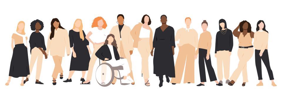 En illustrasjon på hvit bakgrunn viser en rekke kvinner med forskjellig etnisk utseende og funksjonsevne i forskjellige "power poses".