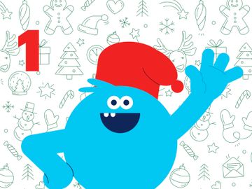 En blå, smilende maskot med rød nisselue vinker fra hvit bakgrunn med en julebord og tallet 1 på.