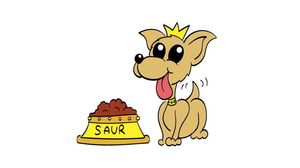 En tegneserieversjon av hunden Saur, som er lysebrun, med en krone på hodet og tungen ut av munnen foran en matskål i gull