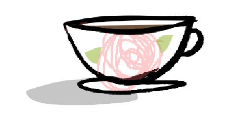 Tegning av en hvit kaffekopp som står på en liten stål, med rosemotiv på.