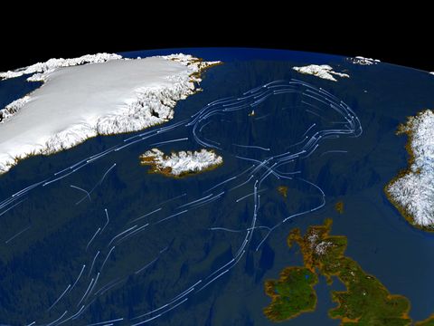 Et animert kart viser den nordlige delen av kloden, men hvitt rundt polområdene og blått hav og Norge, med bevegelsene til en havstrøm tegnet inn. 
