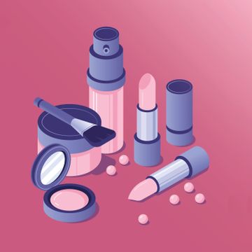 En illustrasjon med rosa bakgrunn viser forskjellige rosa og lilla sminkeartikler, som en leppestift, en flaske foundation, et kompakt pudder og en boks med løst pudder.