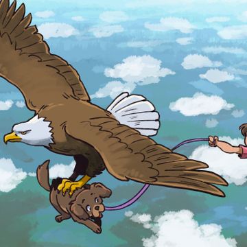En tegneserieside som viser en stor ørn som flyr avgårde over skyene med en hund i klørne, og at en jente henger i hundebåndet bak dem. 