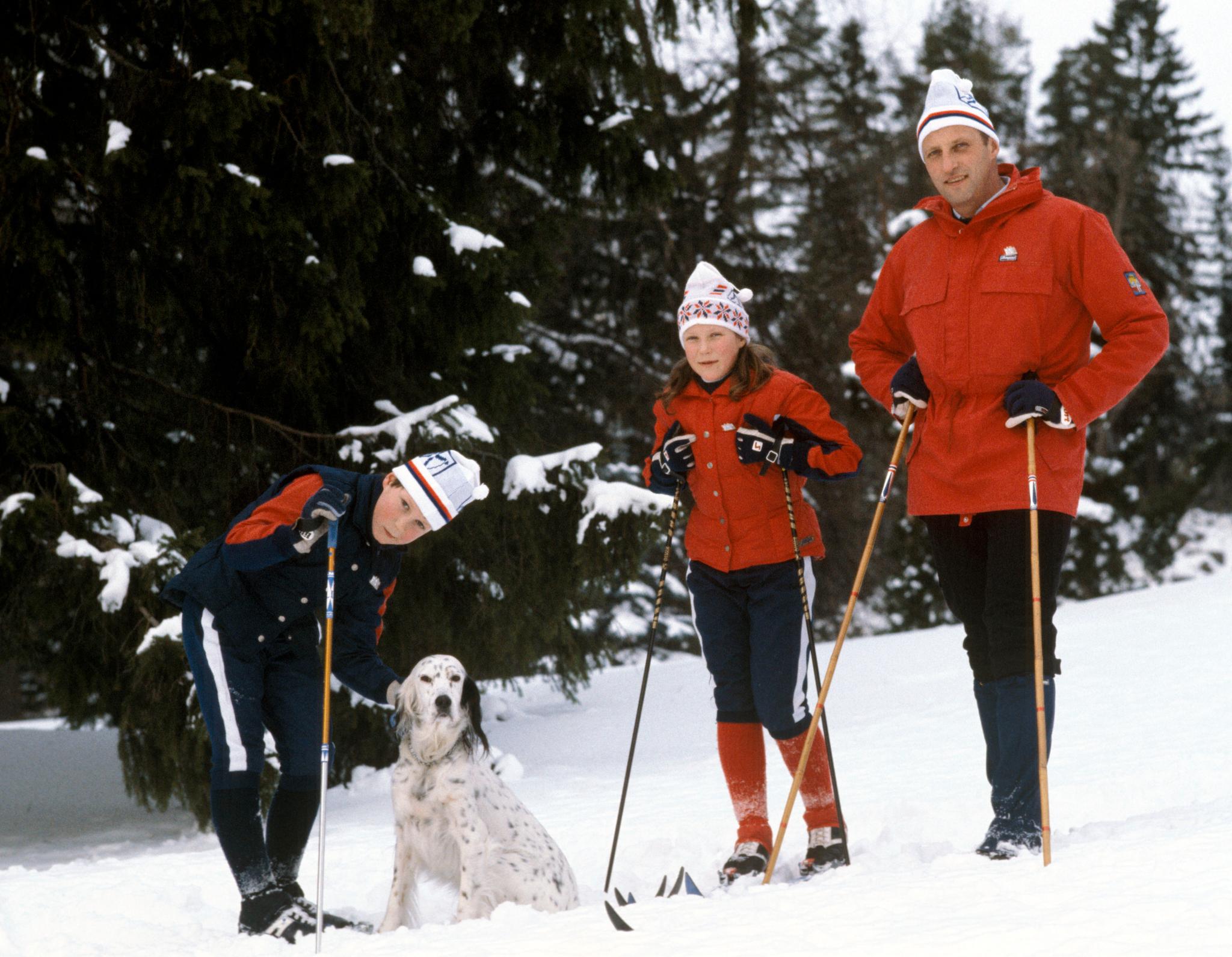 5. MEST POPULÆR. Kong Harald og barna, prinsesse Märtha Louise og kronprins Haakon Magnus, på ski ved sitt hjem Skaugum i Asker, 9. februar 1983. Her klapper prins Haakon Magnus hunden, - en engelsk setter.