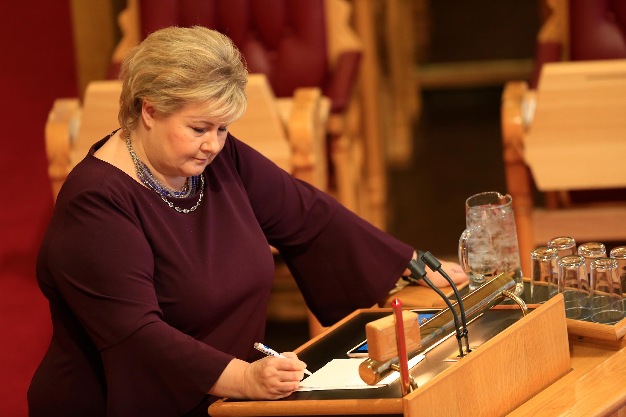 Statsminister Erna Solberg i den muntlige spørretimen i Stortinget i formiddag.