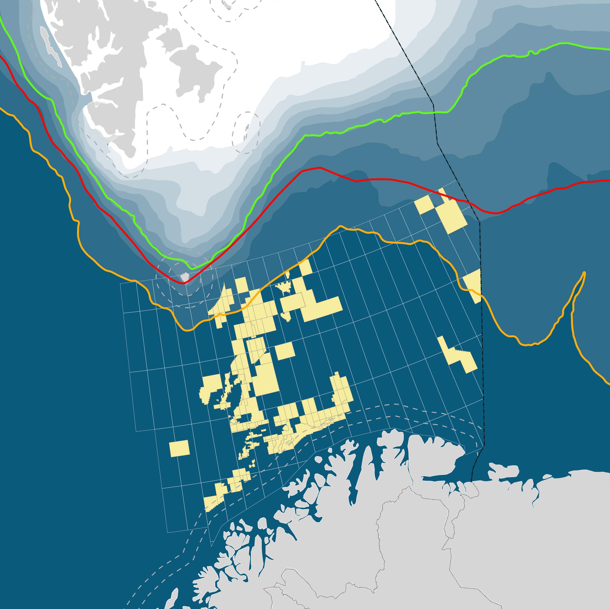 Denne grafikken fra interesseorganisasjonen Norsk Olje og Gass illustrerer de ulike alternativene. Rød linje er dagens iskant, basert på isfrekvens 30 prosent av aprildagene 1967–1989. Grønn linje er alternativet Oljedirektoratet ønsker, altså isfrekvens 30 prosent av aprildagene 1988–2017. Gul linje er alternativet til Norsk Polarinstitutt, Miljødirektoratet og Havforskningsinstituttet, med isfrekvens 0,5 prosent av aprildagene 1988–2017.