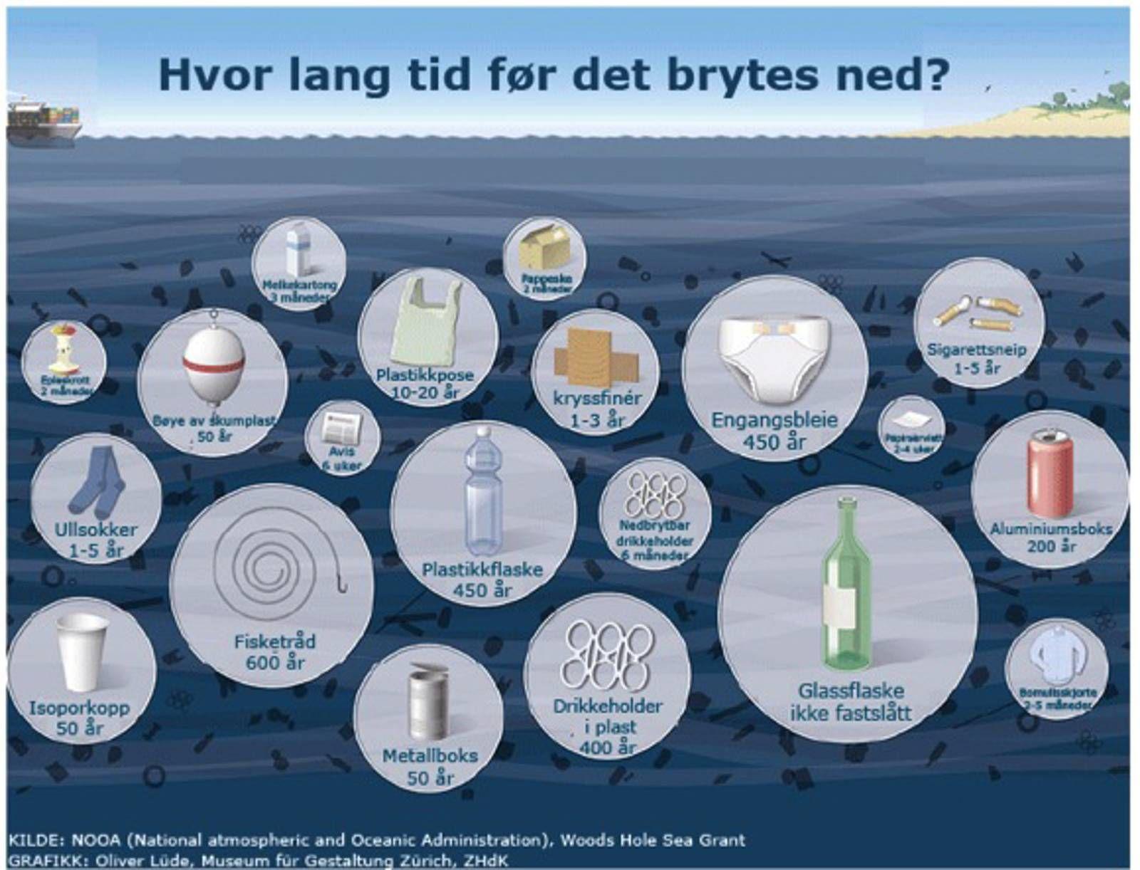 Norsk Polarinstitutt har laget en oversikt over hvor lang tid det tar å bryte ned søppelet som finnes i havet. Innen 2050 tror forskere at vi har mer plast enn fisk i sjøen. 