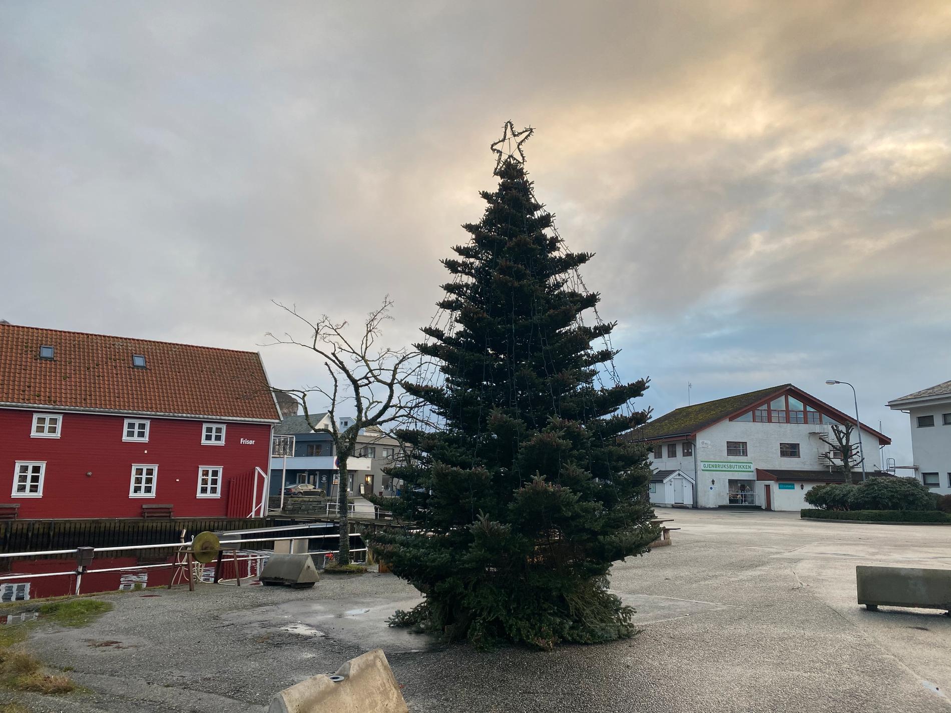 Det pyntes til jul i Vikevåg sentrum. På lørdag skal lysa på dette flotte treet tennes.