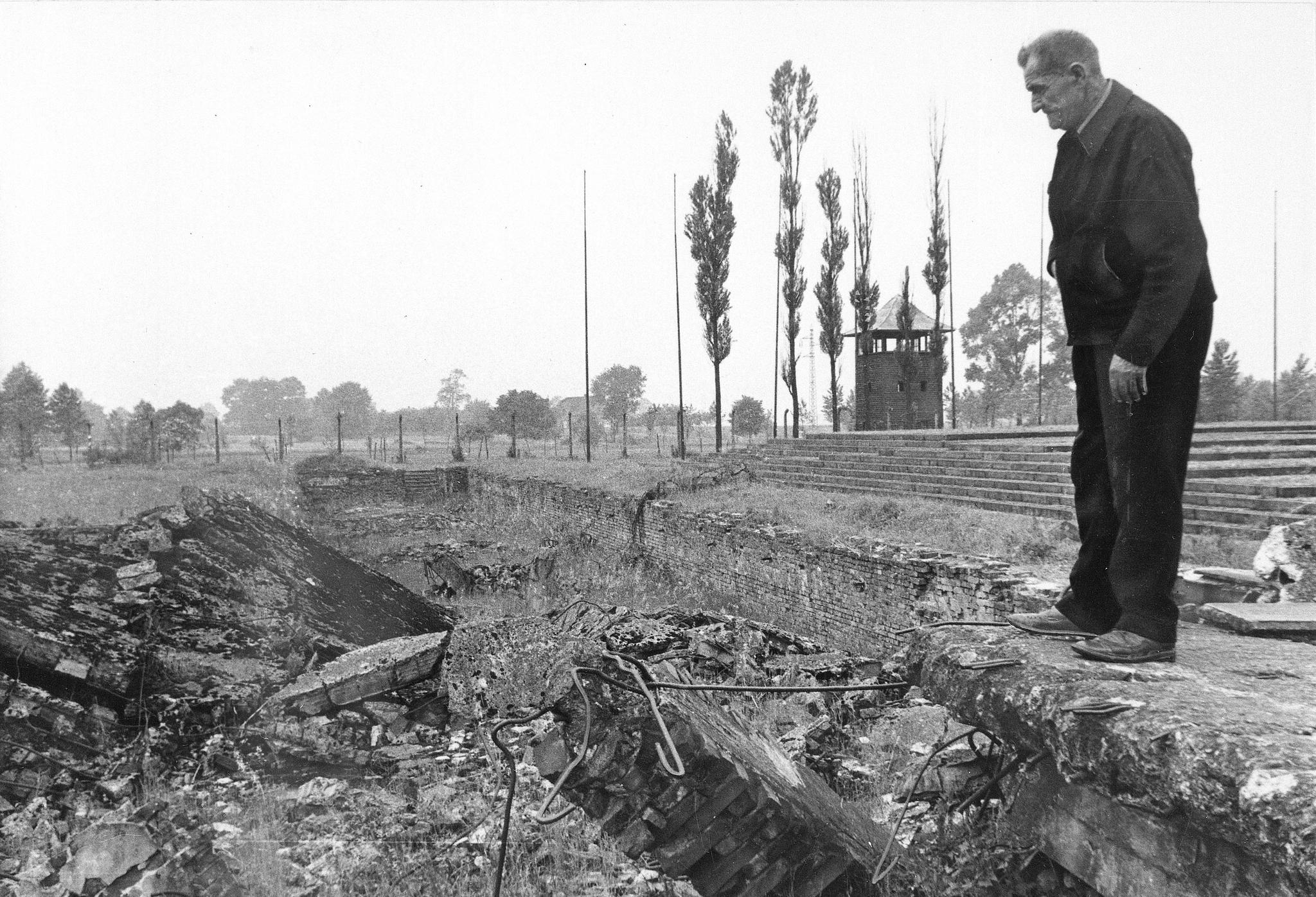 En tidligere fange ser på ruinene av et gasskammer i Auschwitz-Birkenau.