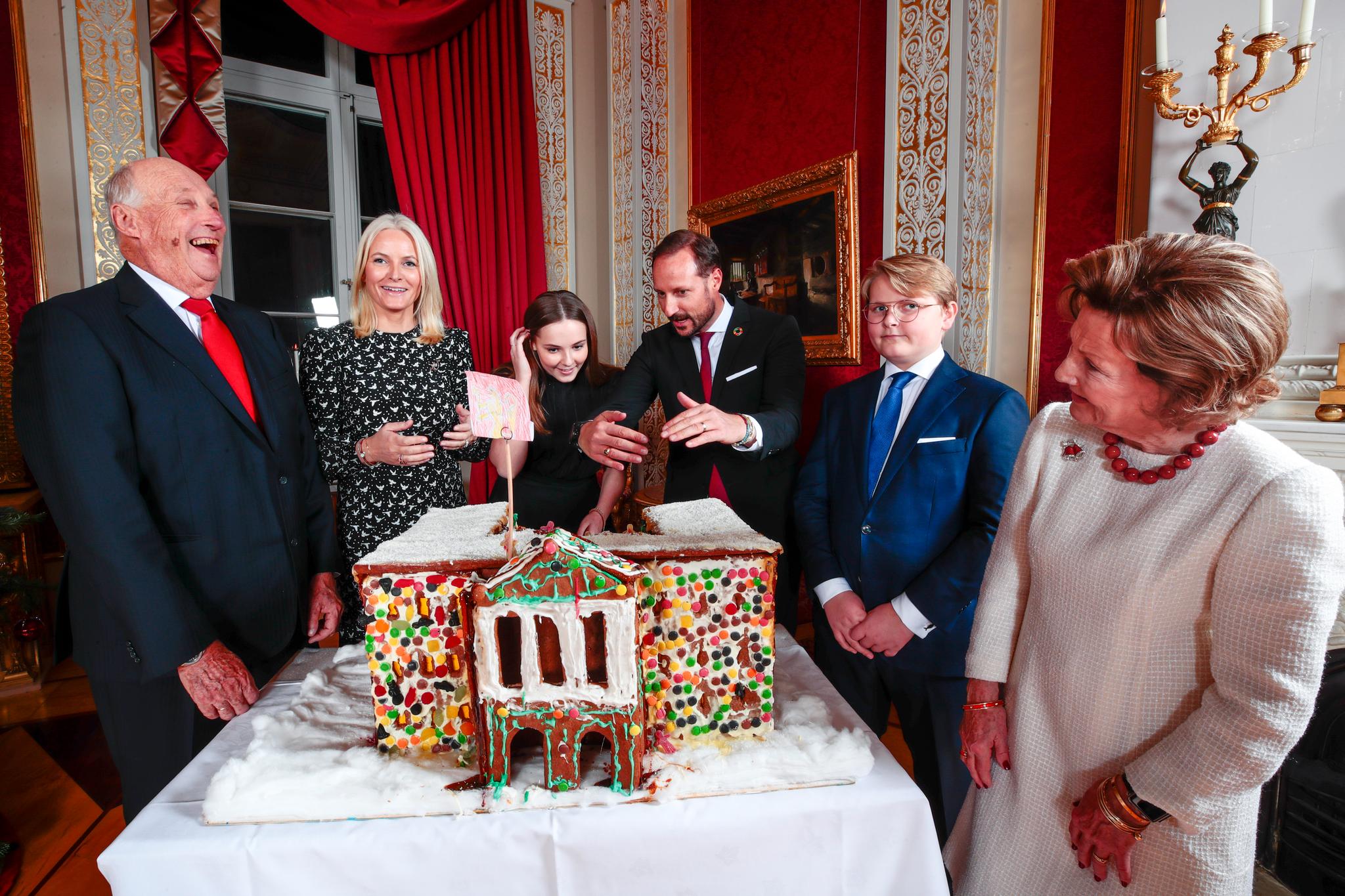 Kong Harald (. t.v.) har frisknet til et etter en tids sykdom og er klar til å holde oppsatt program i romjulen. Her fra årets julefotografering på Slottet med kronprinsesse Mette-Marit, prinsesse Ingrid Alexandra, kronprins Haakon, prins Sverre Magnus og dronning Sonja. 