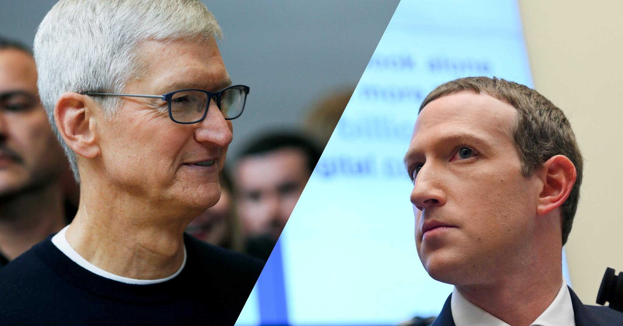 Til venstre, Apple-sjef Tim Cook. Til høyre, Facebook-sjef Mark Zuckerberg. Nå krangler de to sjefene.