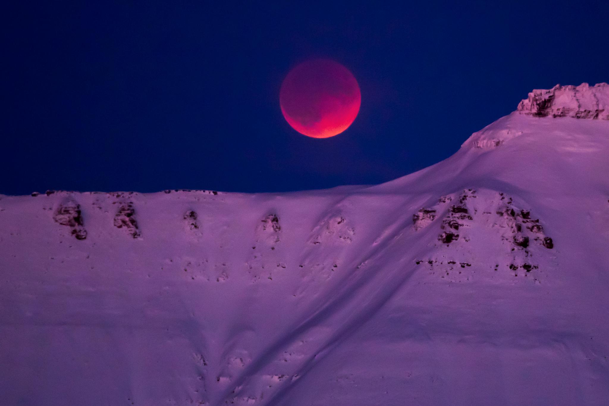 Supermåne og total måneformørkelse sett fra Svalbard 31. januar i fjor. 