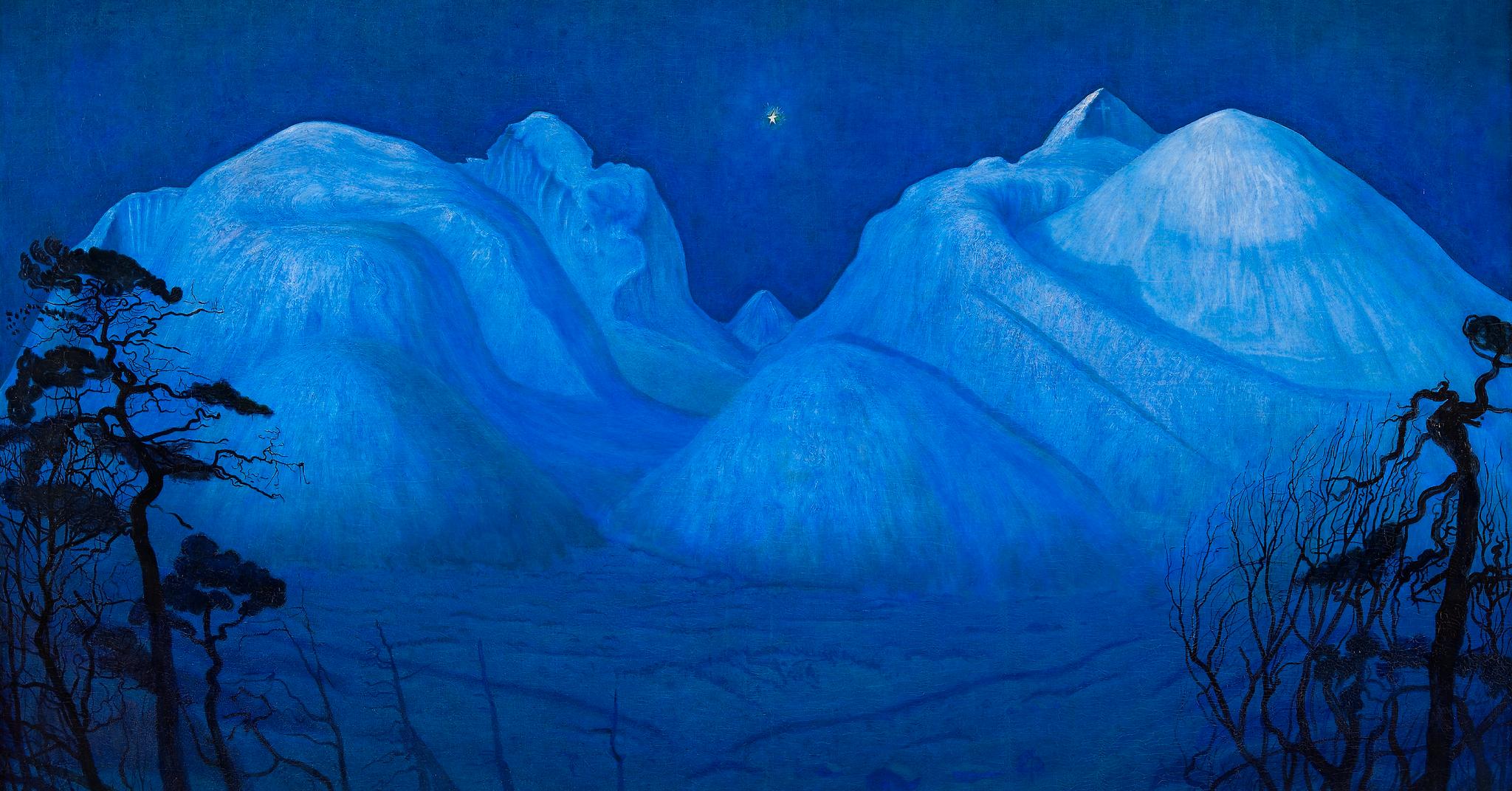«Vinternatt i fjellene» (1914): Harald Sohlberg sto ute i naturen og malte sine motiver. Allikevel er perspektivene forskjøvet, lyset langt mer stemningsfullt enn i virkeligheten, og bildene er fulle av symbolikk. Legg merke til korset han har malt inn i bildet på fjelltoppen til høyre.