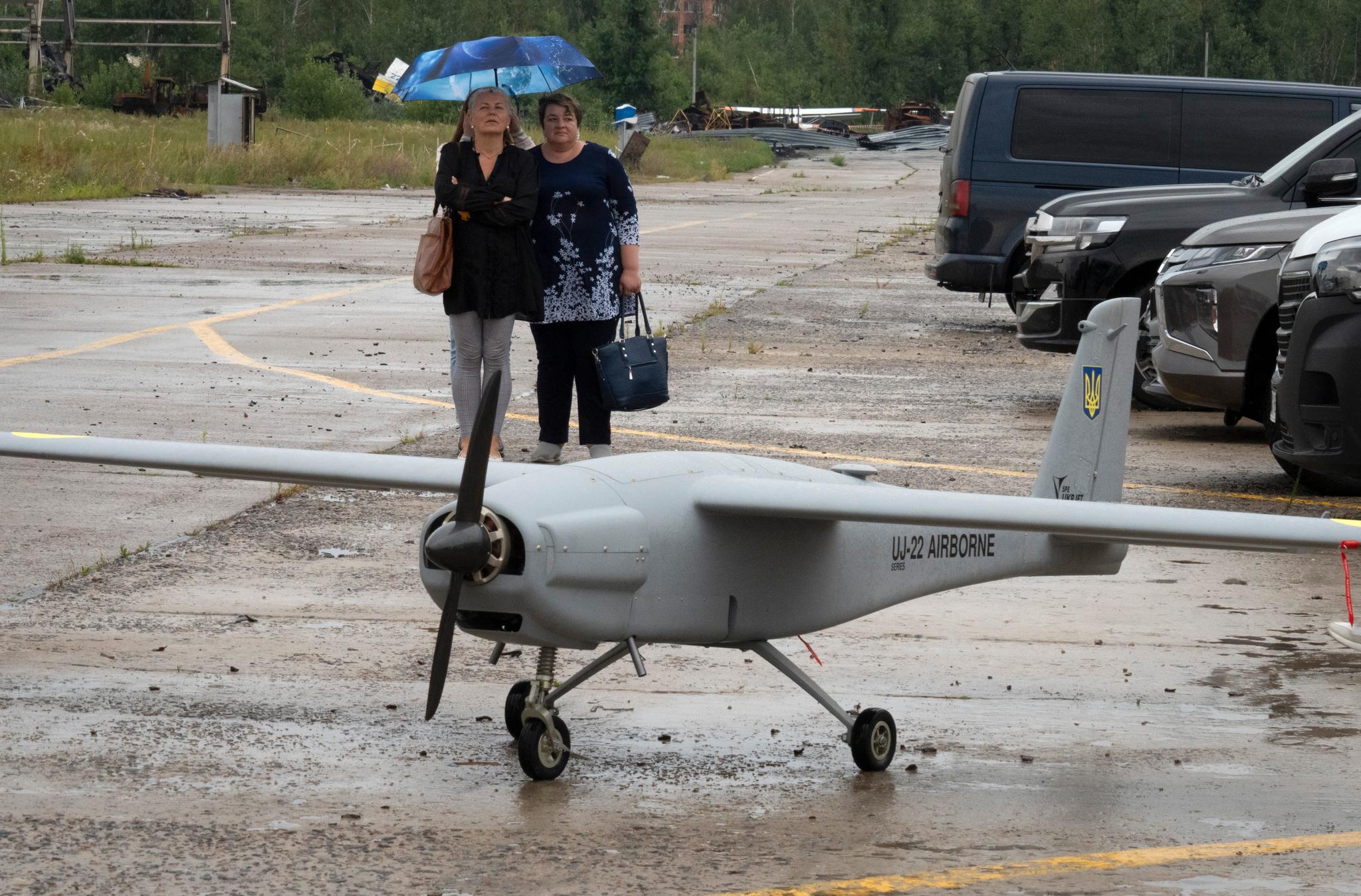 UJ-22 Airborne-dronen avbildet på en flyplass i Kyiv-området 2. august i fjor.