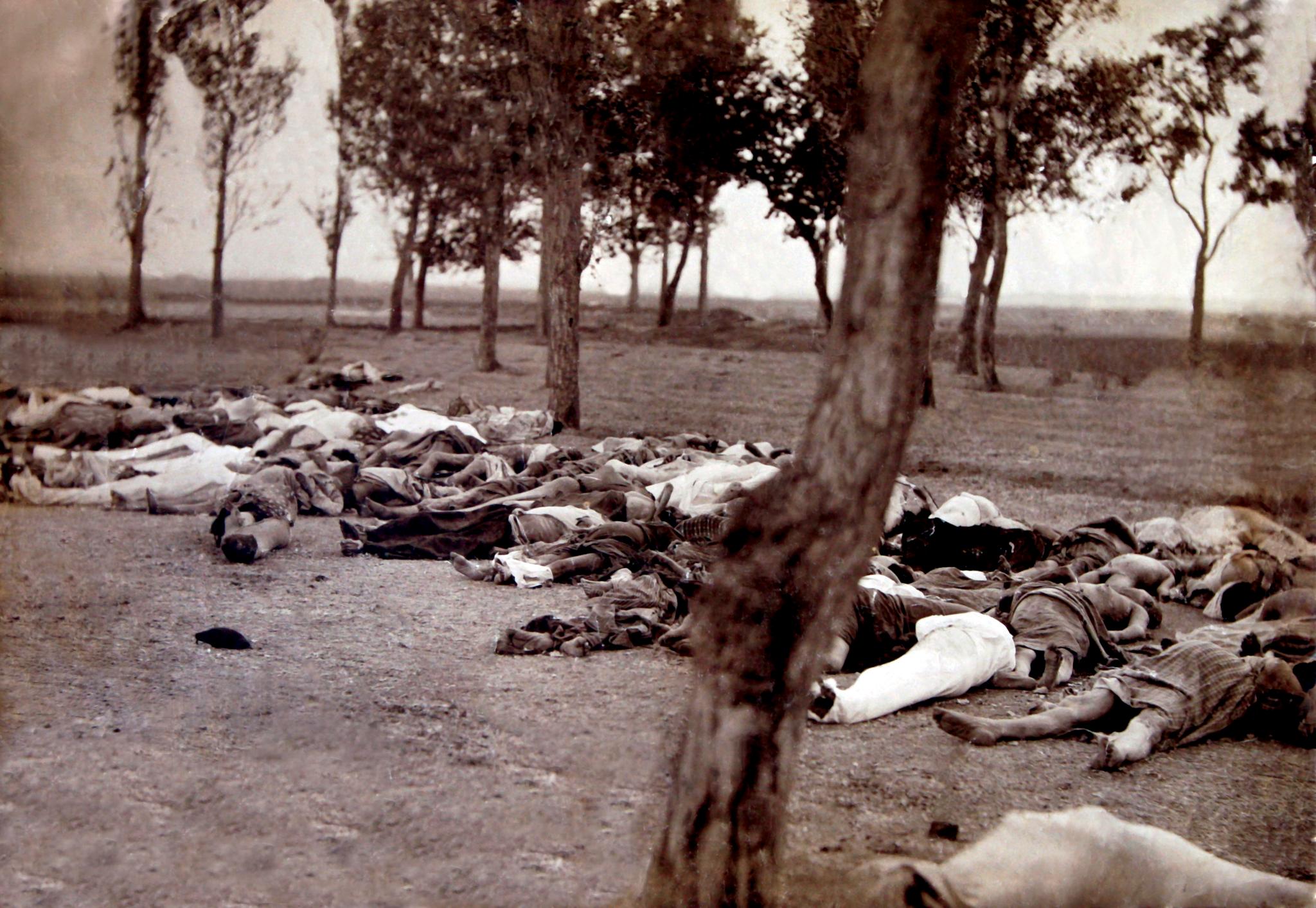 1,5 millioner ble drept under utryddelsen av armenerne i Tyrkia. Bare holocaust omfatter flere, skriver kronikkforfatterne. Bildet er tatt i skogen utenfor den armenske byen Yerevan sommeren 1915, og viser rekker av døde, forviste mennesker. 