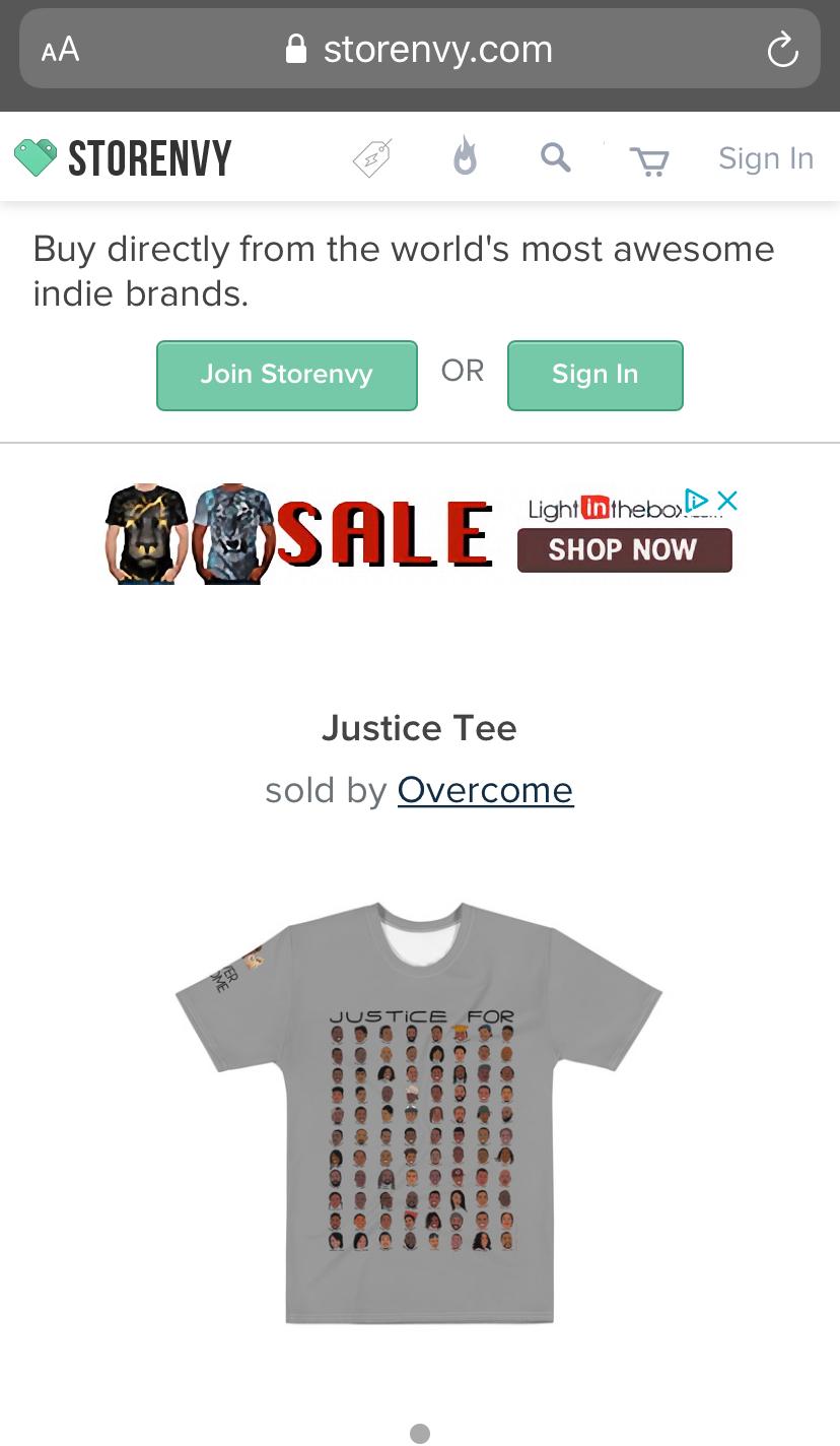 På nettbutikken Storenvy var t-skjorta «Justice Tee» til salgs for 30 dollar. Dette tilsvarer 285 kroner etter dagens kurs. 