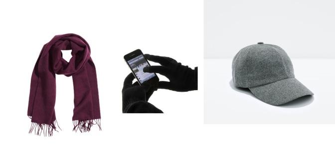Foto: Produsentene Ullskjerf fra H&M (199 kr), hansker til touch screen fra iUtstyr.no (99 kr) og caps fra Zara (179 kr). Foto: Produsentene