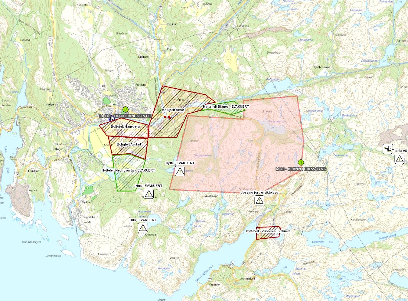 Kart over området som er rammet av skogbrann. Foto: Politiet / NTB scanpix