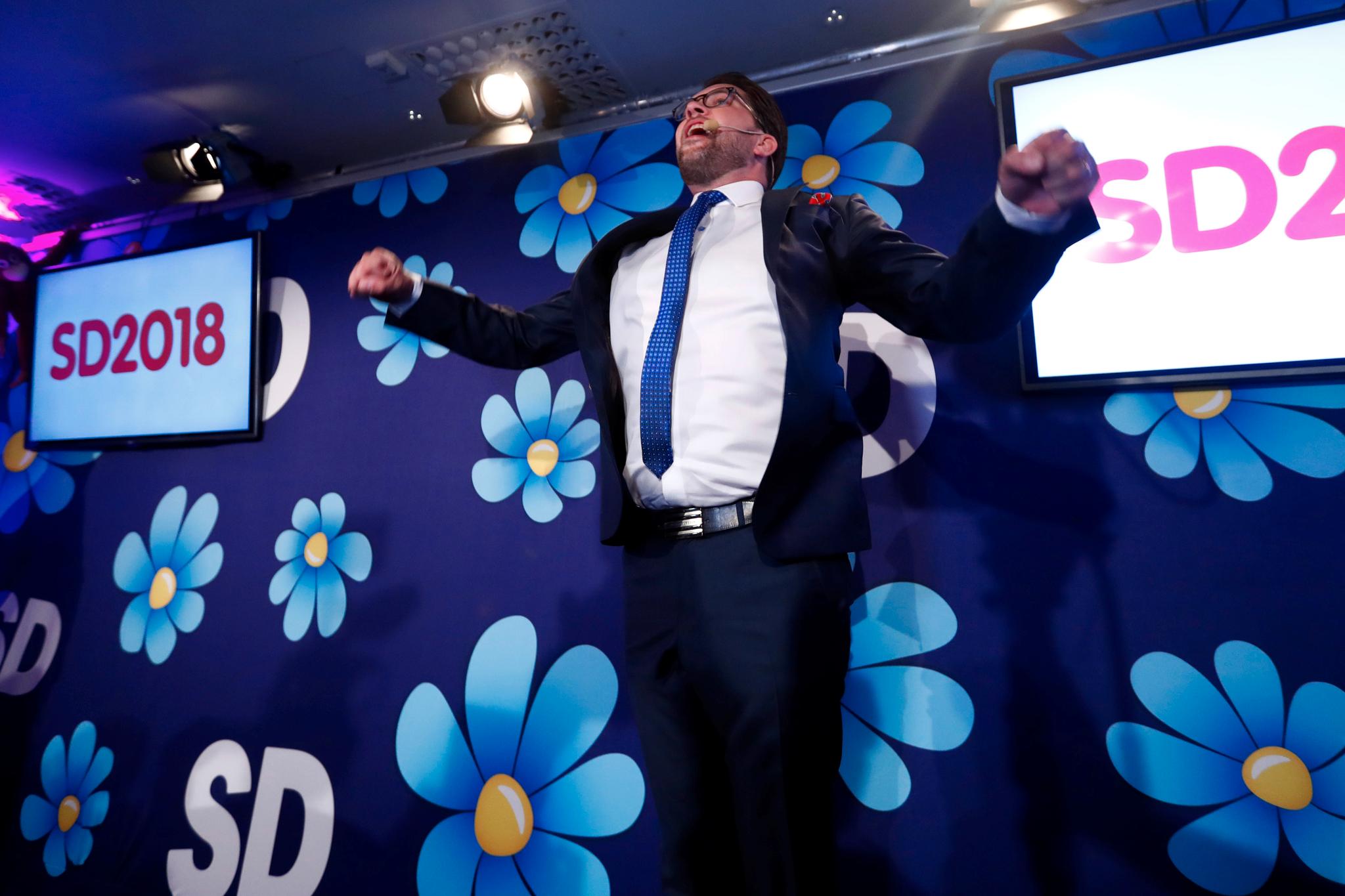 Sverigedemokraternas leder Jimmie Åkesson hadde en god valgkveld selv om resultatet ikke sto i stil med de beste meningsmålingene.