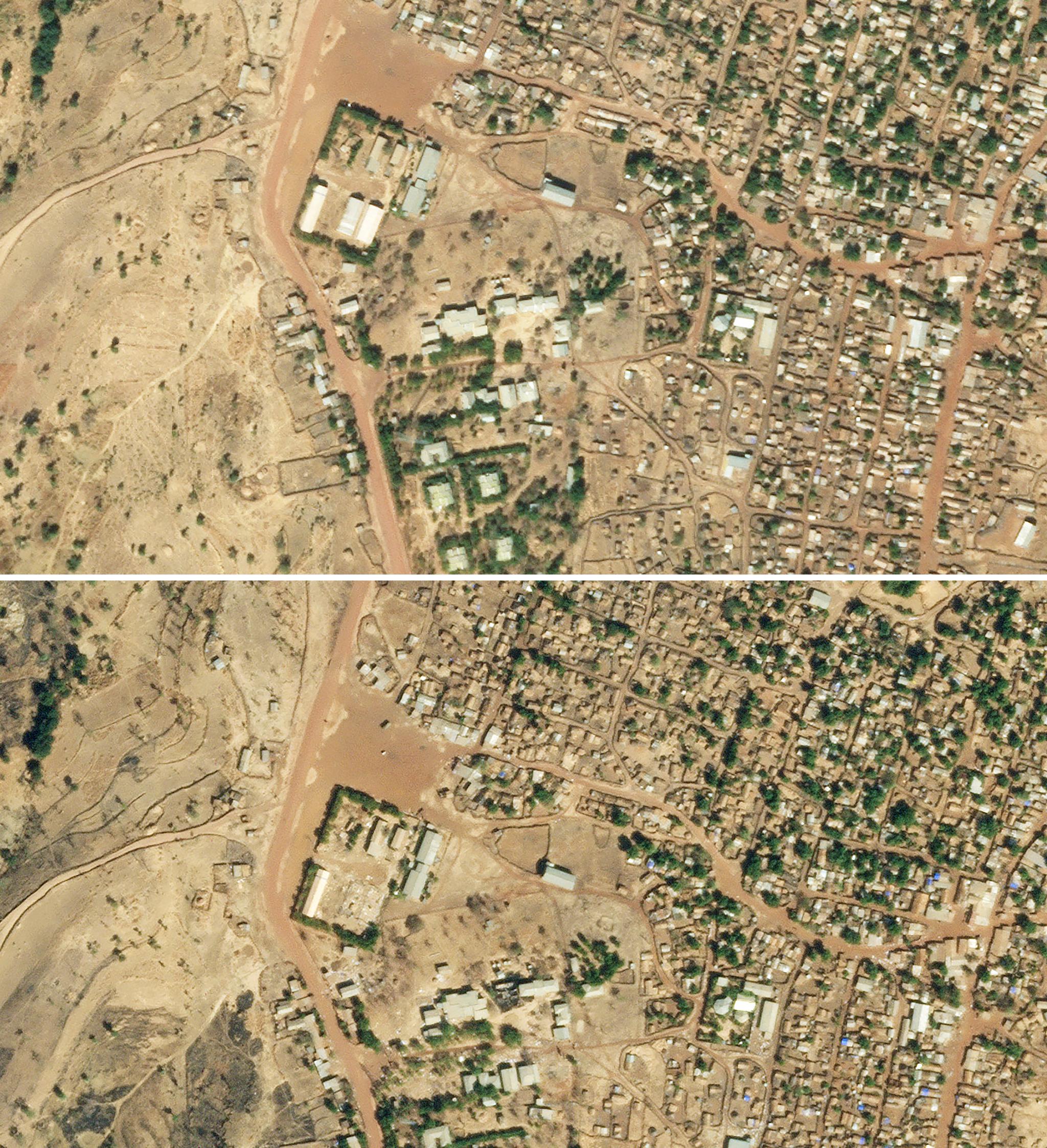 Satellittbildene viser ødeleggelsene av et av varehusene til FNs matprogram den 5. januar. Lageret ligger i flyktningleiren Shimelba i Tigray. Det øverste bildet viser lageret før ødeleggelsene, det nederste viser skadene i etterkant. 