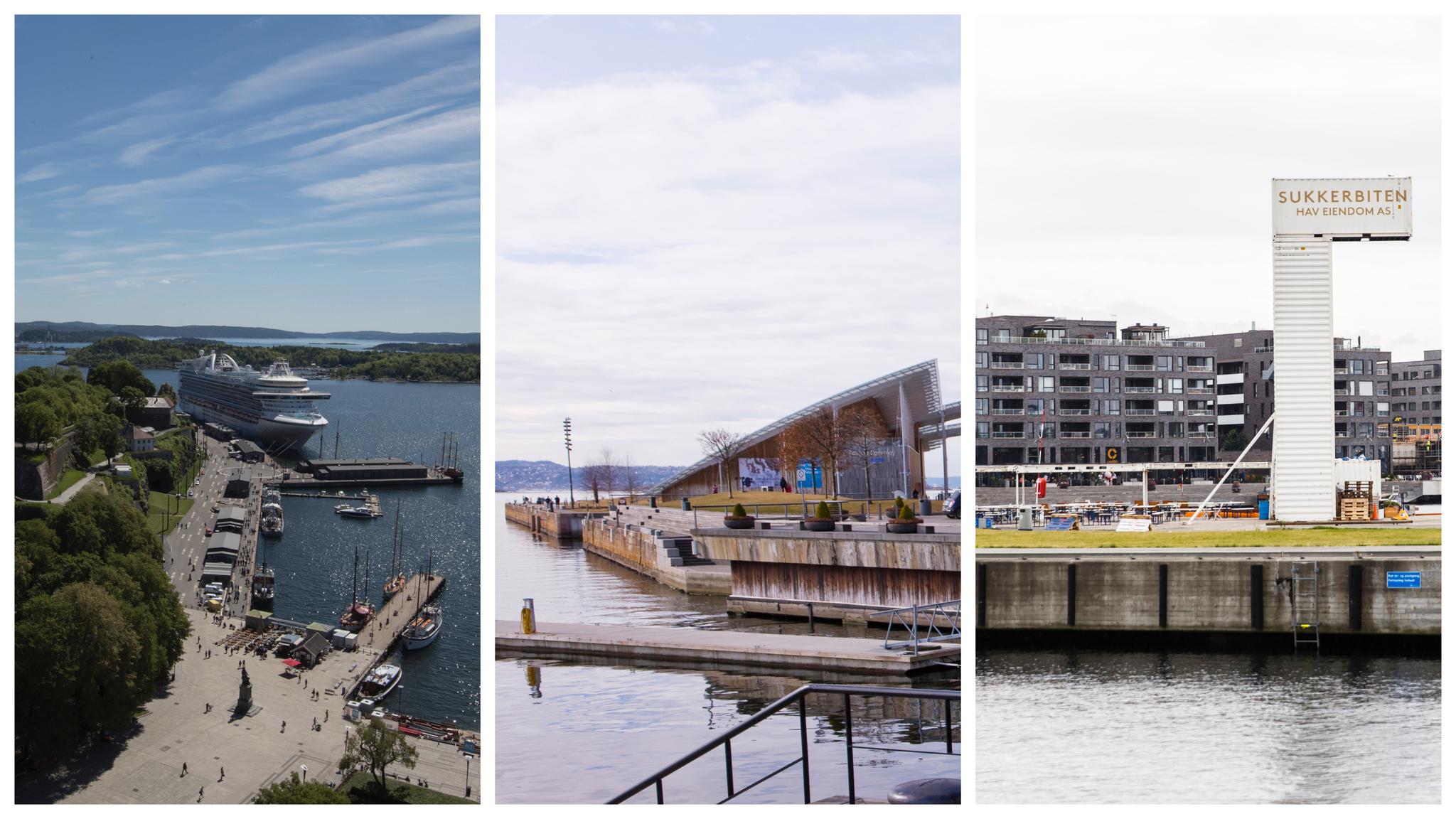 Fra venstre: Akershuskaia,Tjuvholmen og Sukkerbiten. Her kan det bli nye sjøbad i Oslo. 