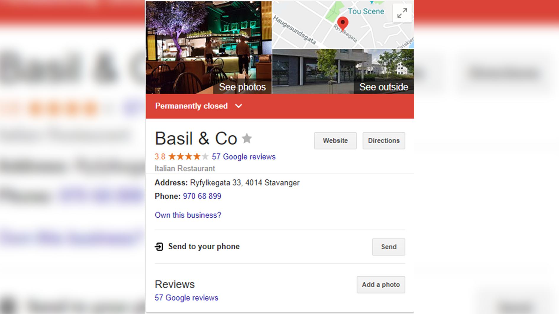 Slik ser det ut om du søker opp restauranten på Google.  