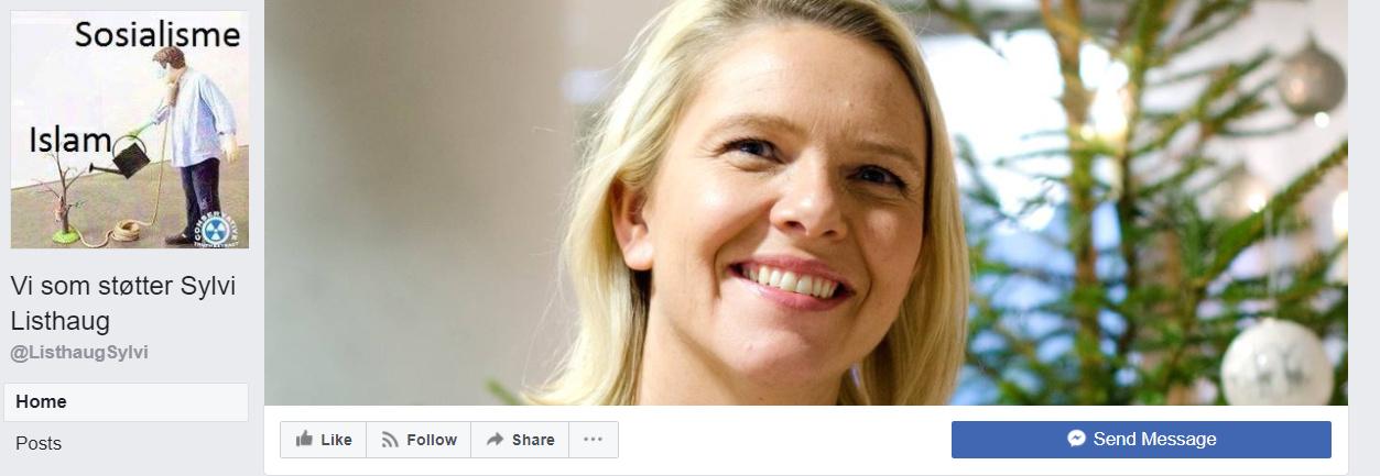 Facebook-gruppen «Vi som støtter Sylvi Listhaug» har klare budskap mot innvandring og islam. Profilbildet viser en «sosialist» som vanner «islam».