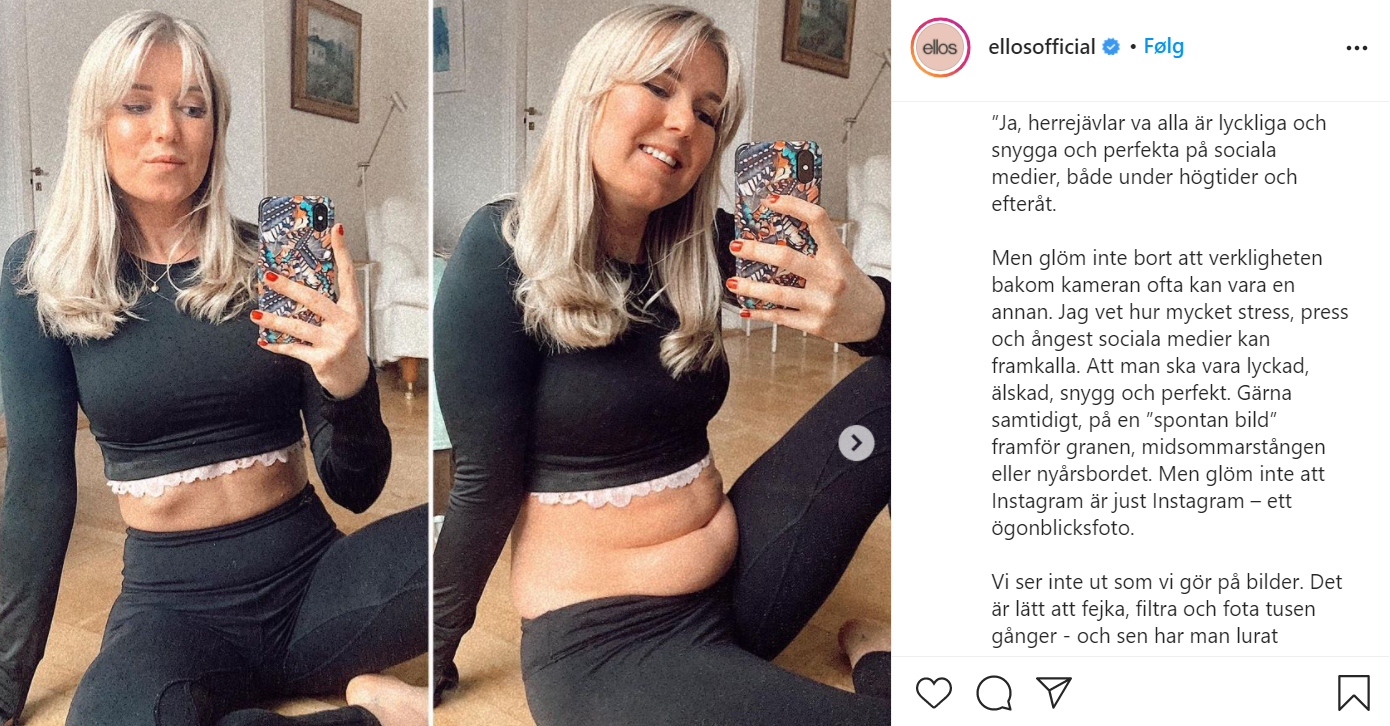 Klesgiganten Ellos har fått kritikk fra influensere og kroppspositivister etter at de la ut dette bildet av svenske Johanna Bladh på Instagram.