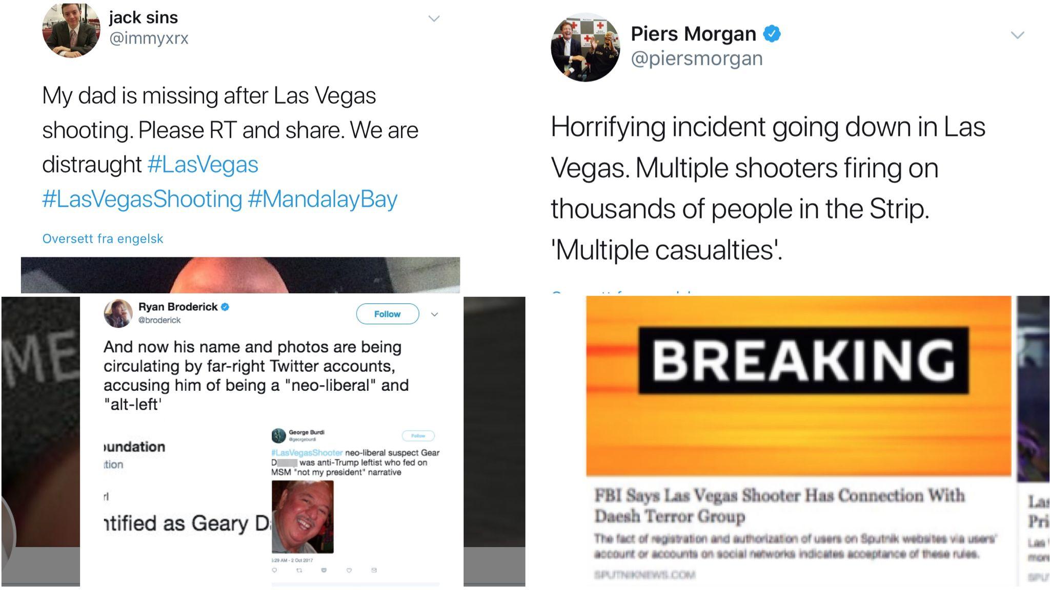 Større eller løpende nyhetshendelser, som masseskytingen i Las Vegas, gjør det ekstra utfordrende å skille god fra dårlig informasjon. Aftenposten fortalte hvordan både kjente TV-personligheter og medier spredde falske nyheter. 